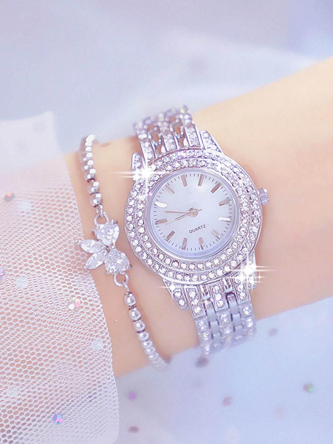 2pcs Fashionable Diamond Studded Real Nail Scale Alloy Set Quartz Bracelet Watch FOR WOMEN'S Watches - Empire P.E