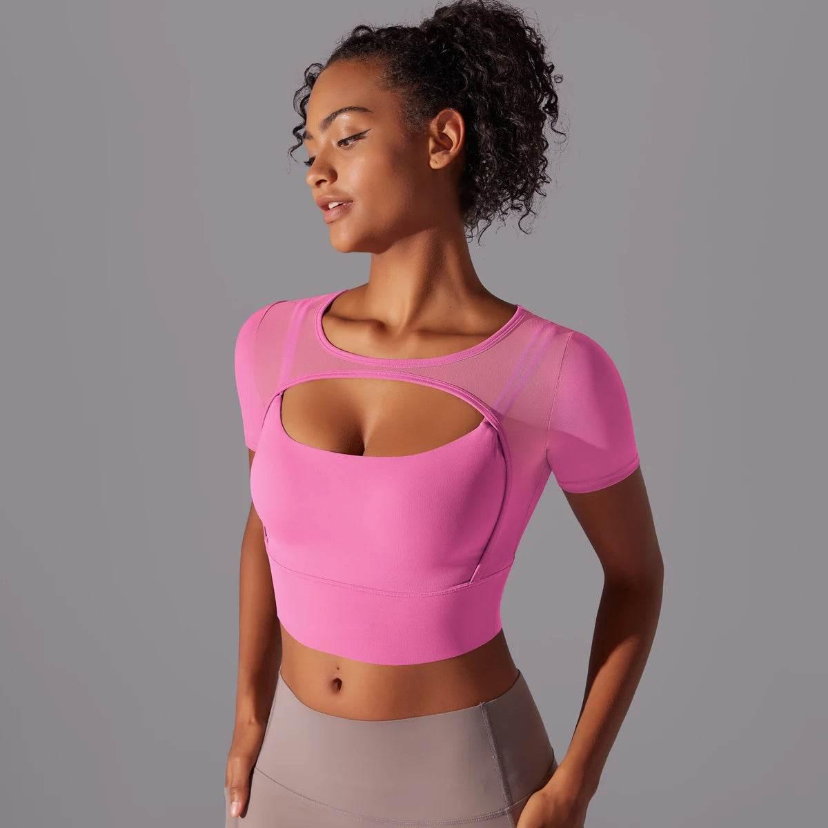 Solid Color Yoga Short Sleeve Sexy Double Layer Yoga Tank Top Spliced Mesh Yoga Clothing Top Fitness Running Sports Bra Women - Empire P.E