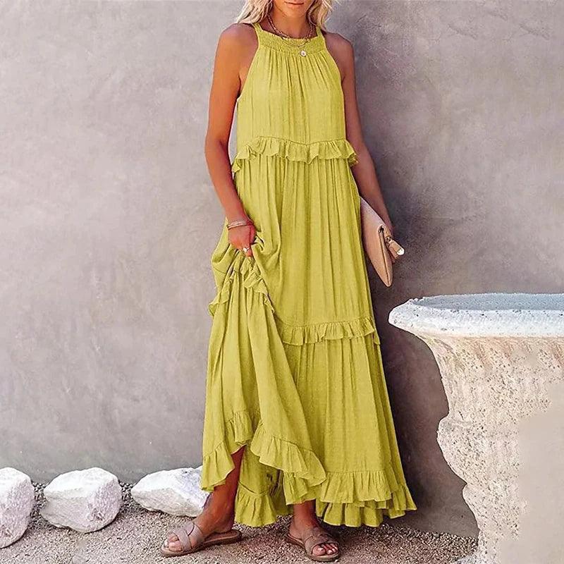 Women Casual Solid Ruffles Long Dress - Empire P.E