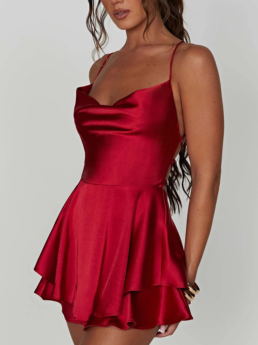 Satin Silk Women Sexy Cami Playsuits Dress Solid Cowl Neck Sleeveless Short Jumpsuits Summer Cross Tie-Up Backless Romper - Empire P.E