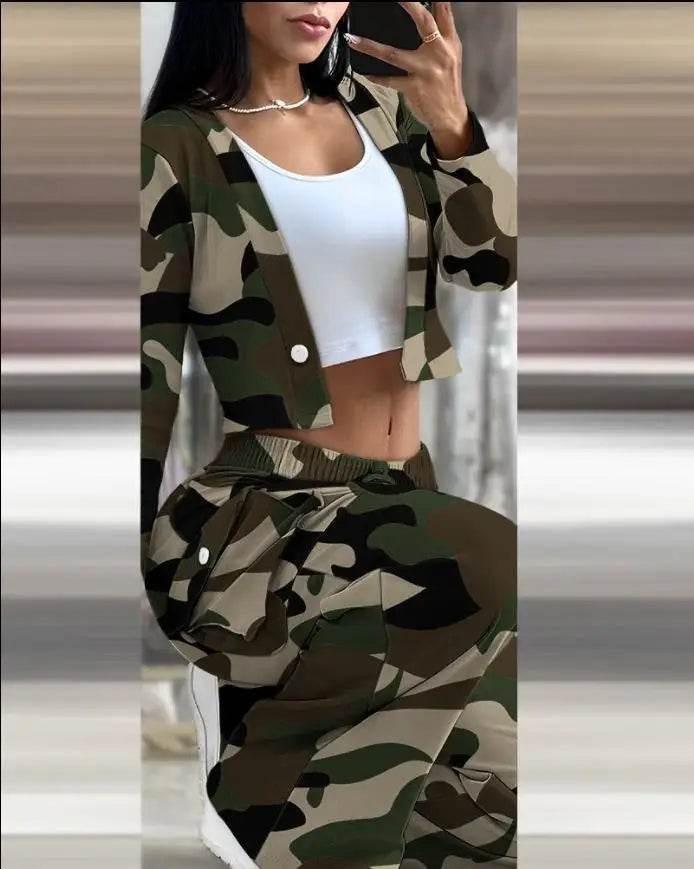 Spring Autumn Solid Slim Suit Women Long Sleeve Single Button V-neck Short Coat Drawstring Mid Waist Pocket Wide-Leg Pants Suit - Empire P.E