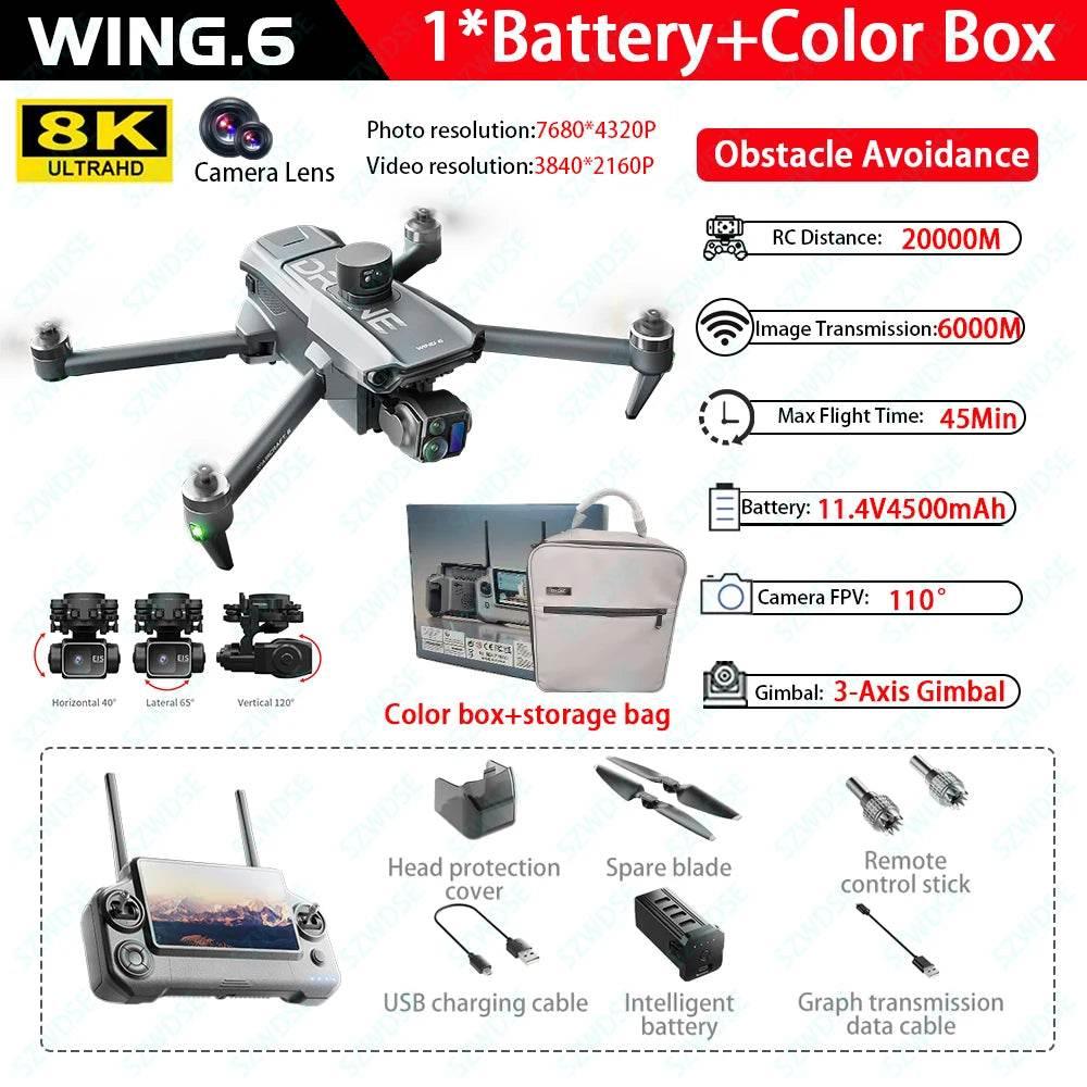 2025 new Wing 6 drone professional aerial photography HD 8K With Screen Remote Control Aircraft 20 Kilometer Obstacle Avoidance - Empire P.E