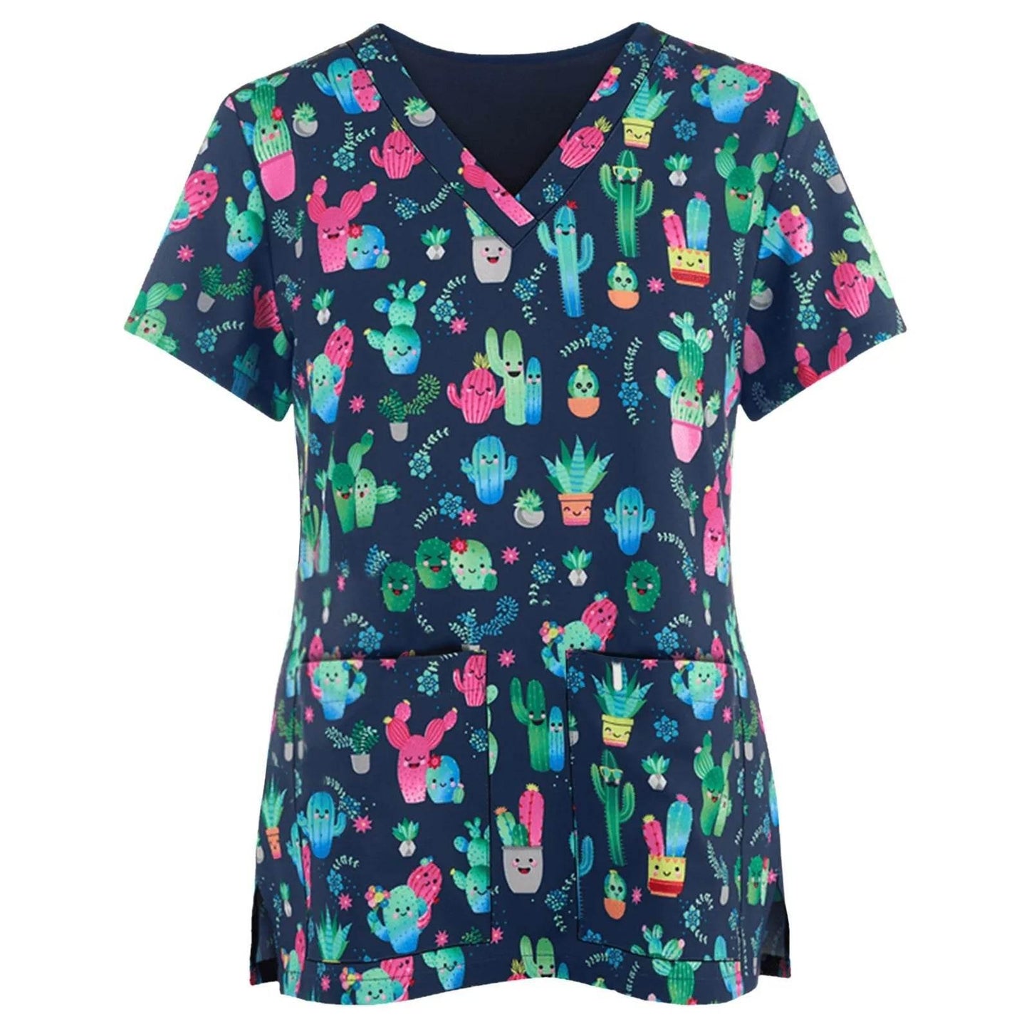 Women Working Uniform Animal Print Cartoon Cat Dog Short Sleeve V-neck Tops - Empire P.E