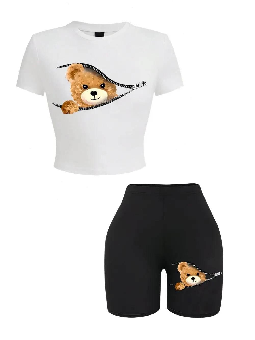2 Pieces Set Women Slim Crop T-Shirts Shorts A Teddy Bear Emerged From The Zipper Prints Tops Sporty High Elastic Soft Clothes - Empire P.E