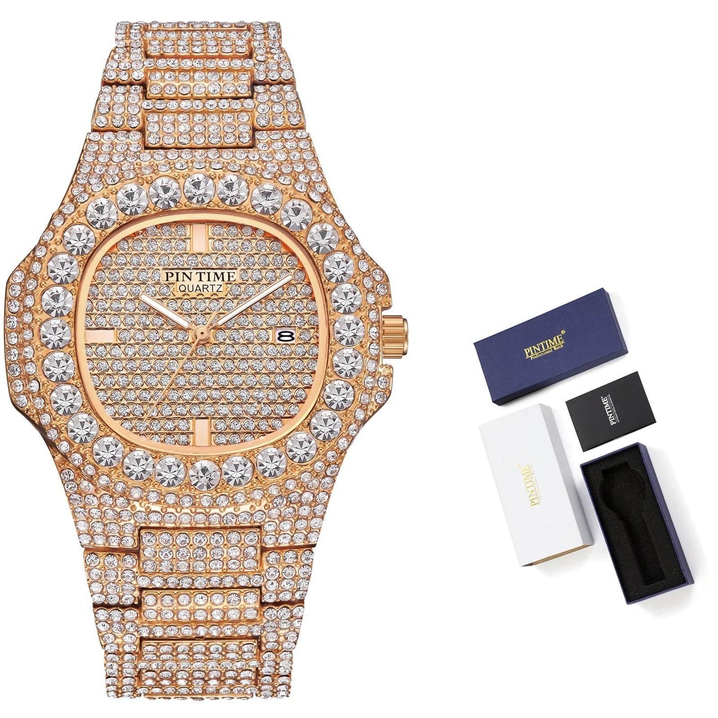 Wholesale Men Women Diamond Iced Out Watch Stainless Steel Big Crystal Stone Quartz Wristwatches for Mens Full Paved - Empire P.E