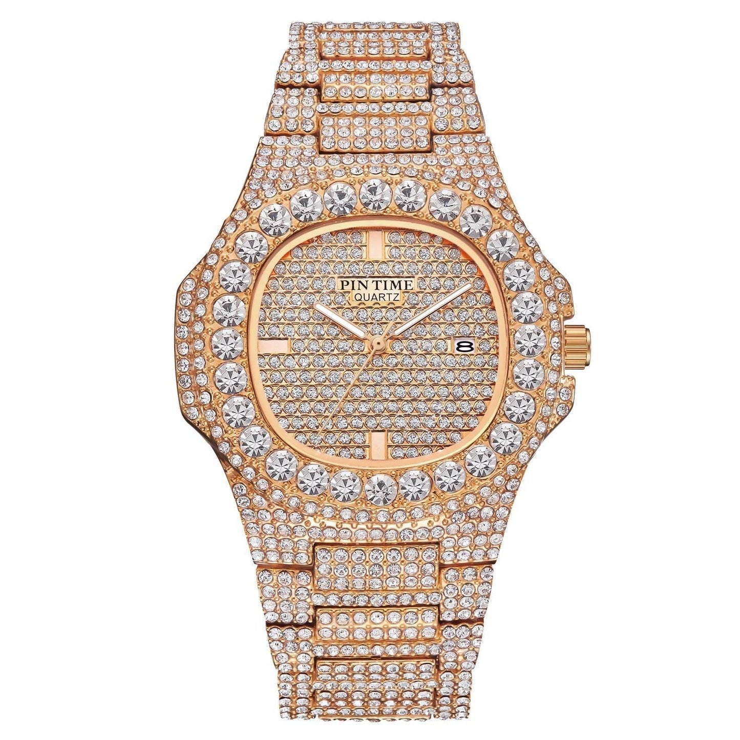 Wholesale Men Women Diamond Iced Out Watch Stainless Steel Big Crystal Stone Quartz Wristwatches for Mens Full Paved - Empire P.E