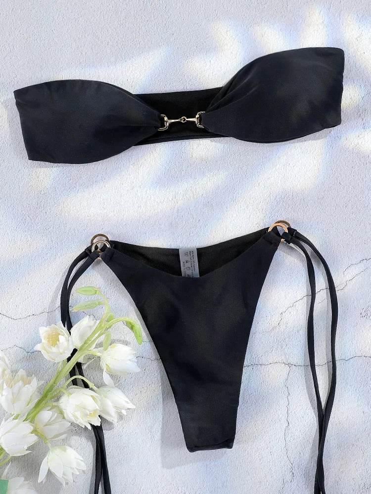 Solid Swimsuit Women Bathing Suit Bandeau Bikini 2024 Biquinis Feminino Swimwear High Waist Bikini Set Beachwear Sexy Bikinis - Empire P.E