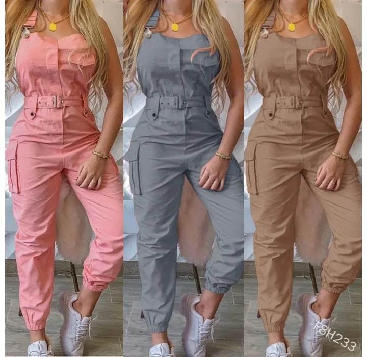 Autumn Women's Clothing Bodysuit Jumpsuit 2023 Simple Zipper Cargo High Waisted Conjoined Body Pants Sleeveless Strap Trousers - Empire P.E