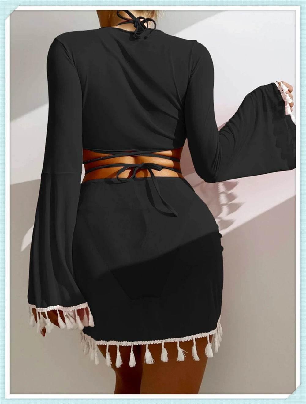 Sexy 4 Pieces Halter Bikinis Women Solid Swimwear Female Cover Up Swimsuit Long Sleeve And Skirt Bathing Suit Beachwear Summer - Empire P.E