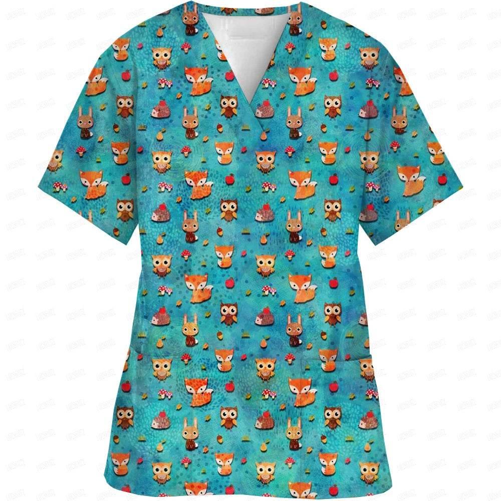 Women Easter Day Nurse Uniform Cartoon Print Short Sleeve V Neck - Empire P.E