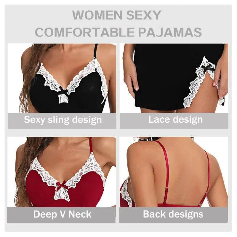 Women Lace Silk Satin V-Neck Hem Soft Lingerie - Empire P.E