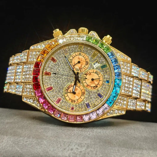 Men's Hip Hop Rainbow Diamond Shiny Jewelry Fashion Gold Watch
