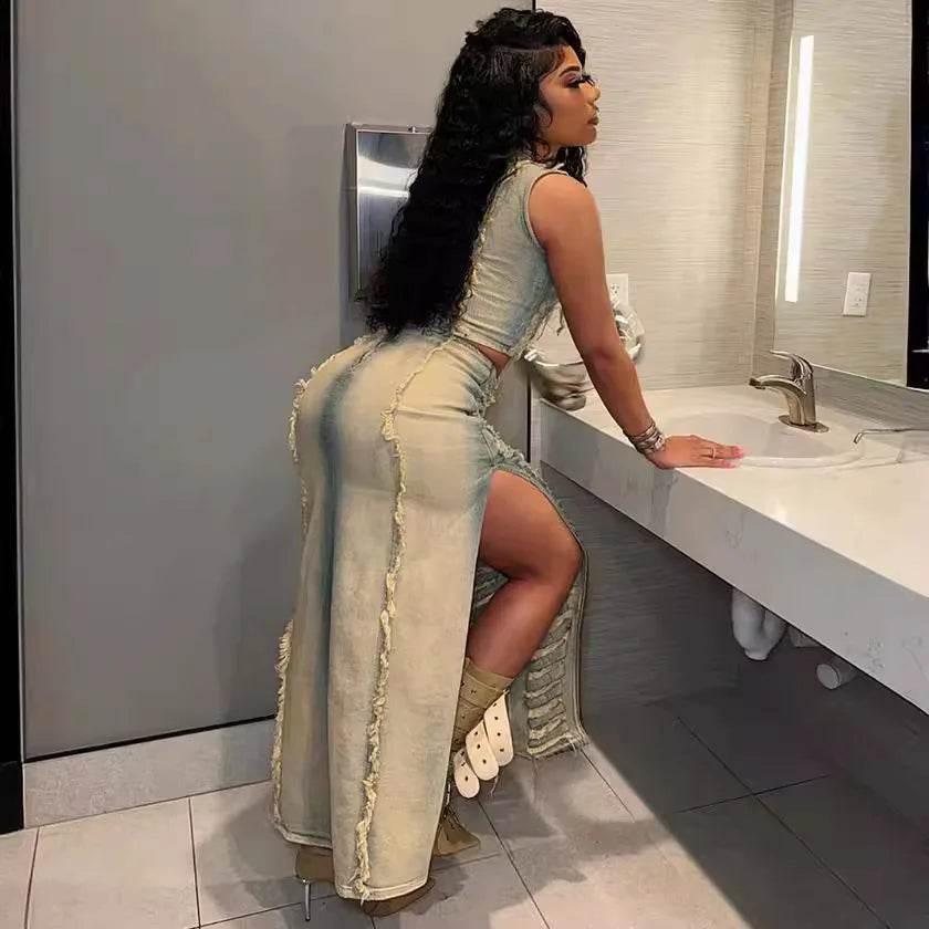 2 Piece Set Women 2024 Summer Sexy Club Tops And Maxi Skirt Sets High Waist Slit Skirt Mujer Matching Sets Denim Jacket Outfit - Empire P.E