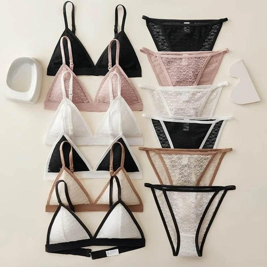 Women Lace Bra And Panties Set Non-wire Bralette Low Waist Panties - Empire P.E