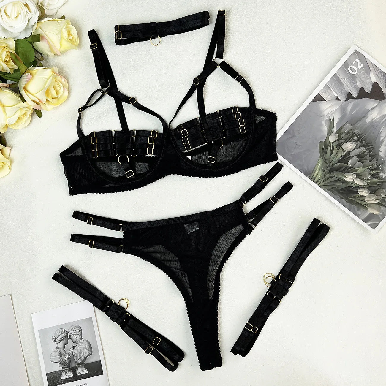 Yimunancy 4-Piece Bandage Erotic Set Women Choker Cut Out Solid Vintage Purple Sexy Lingerie Set Breif Kit - Empire P.E