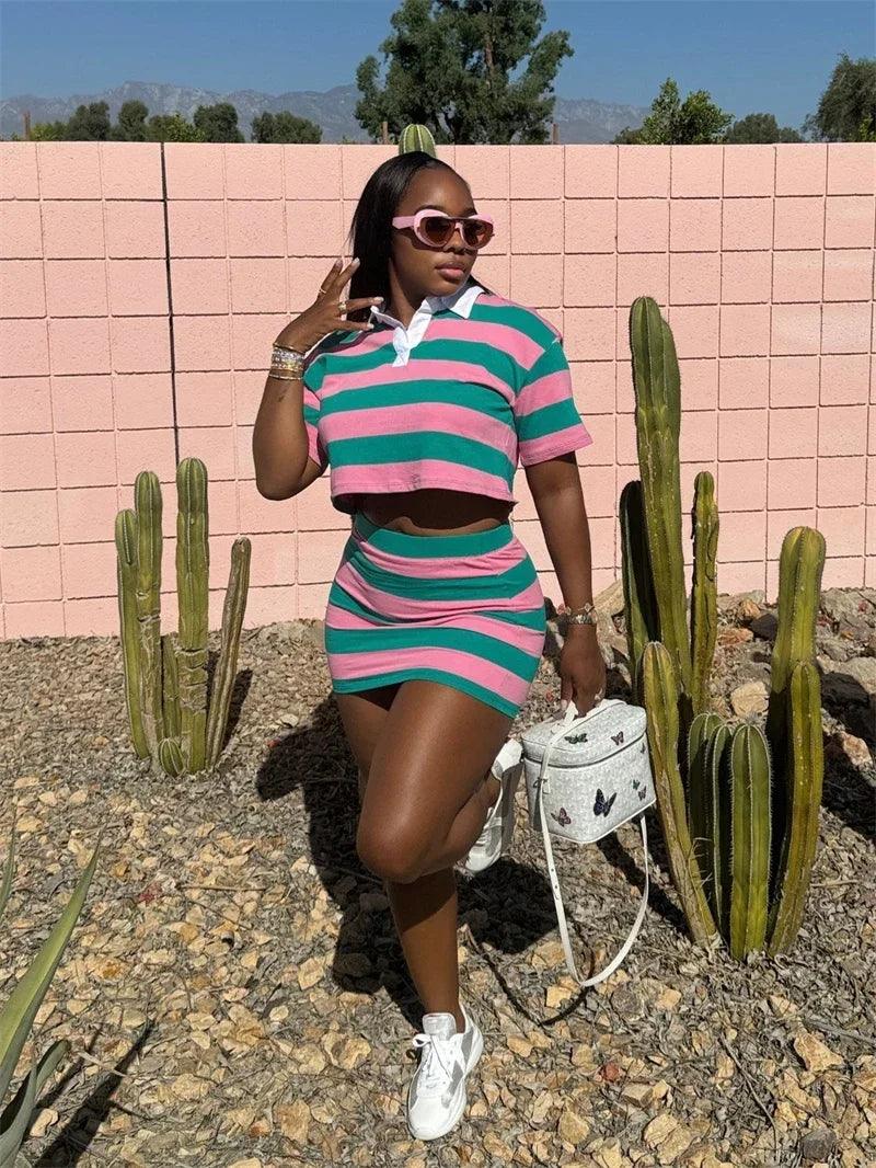 Sporty Fitness Striped Print 2 Pieces Set for Woman Streetwear Casual Turn-down Collar Shirt Crop Top and Mini Skirt Sets Summer - Empire P.E