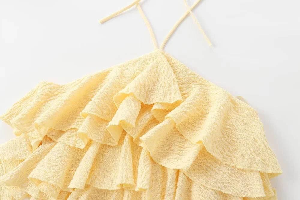 Textured halter crop top with ruffles Women's short yellow sleeveless top with sexy streamers for summer 2024 traf - Empire P.E