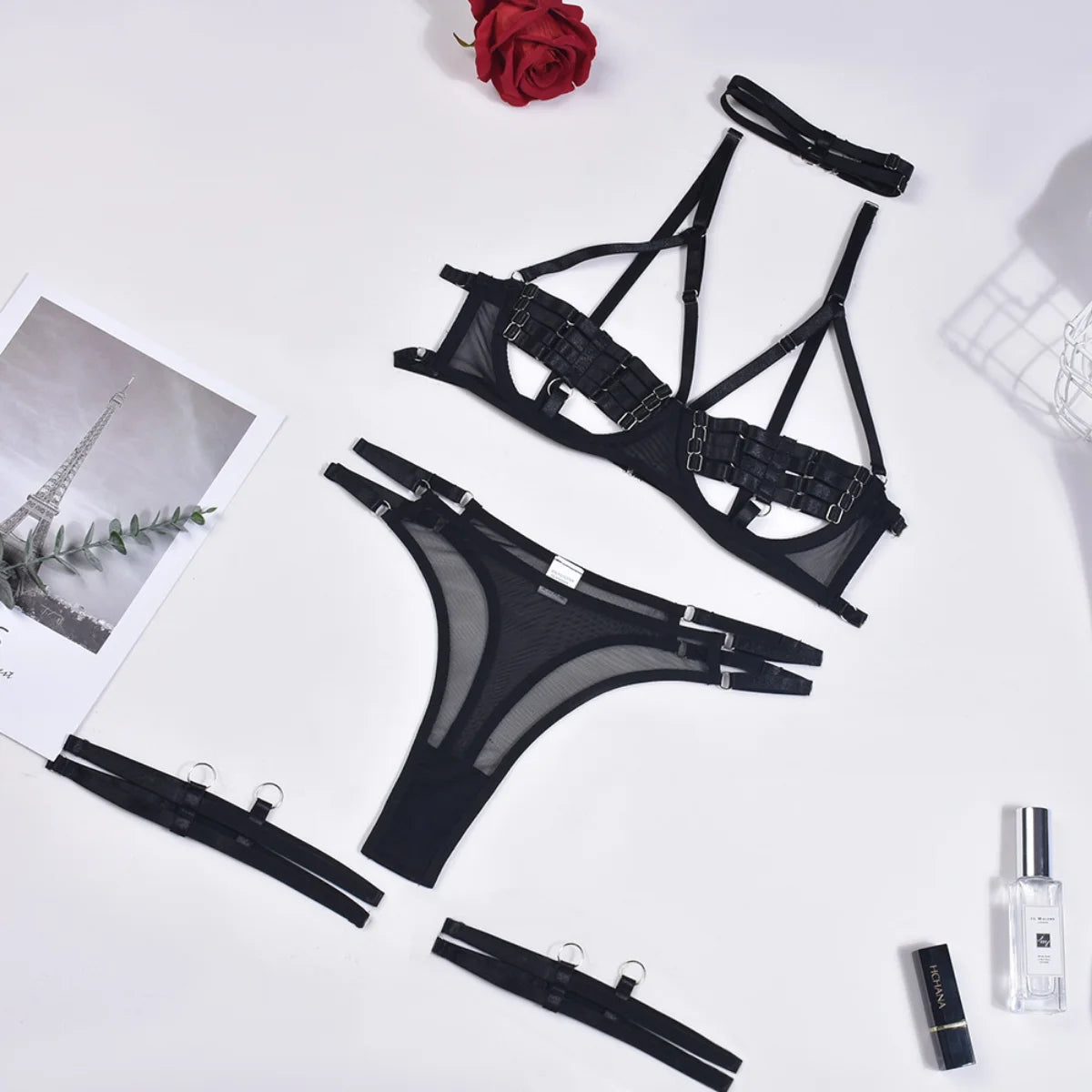 Yimunancy 4-Piece Bandage Erotic Set Women Choker Cut Out Solid Vintage Purple Sexy Lingerie Set Breif Kit - Empire P.E