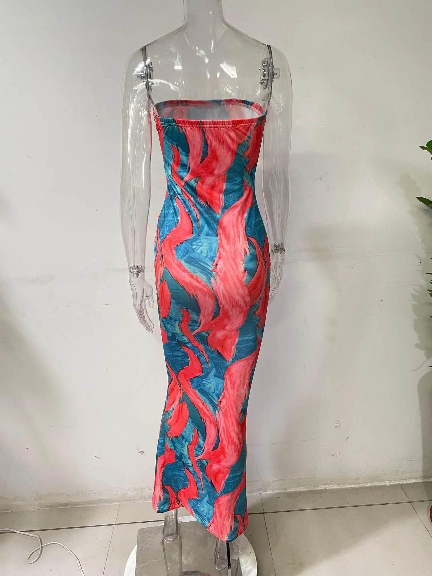 Spring And Summer Dresses For Women Chest Wrap Printed Off Shoulder Bandage Slim Sexy Long Dress 2023 New Fashion party MsChuh - Empire P.E
