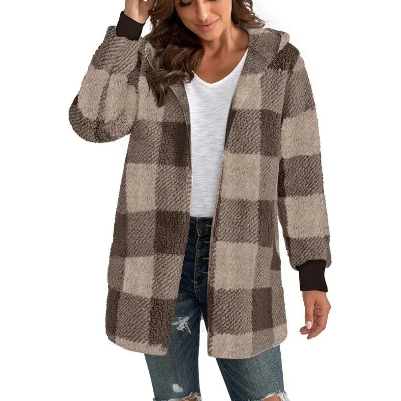 Women Autumn Winter Double Fleece Plaid Outerwear Coat