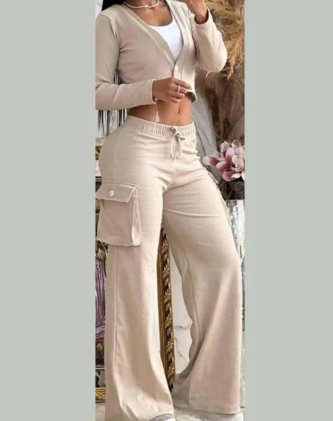 Spring Autumn Solid Slim Suit Women Long Sleeve Single Button V-neck Short Coat Drawstring Mid Waist Pocket Wide-Leg Pants Suit - Empire P.E