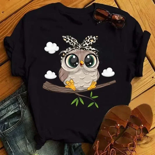 Cartoon Owl Print T Shirt Women Kawaii Graphic Shirts