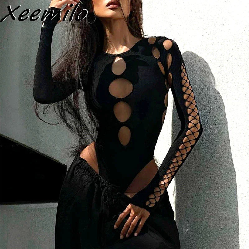 Sexy Dot Hollow Out Bodysuit Y2K Gothic - Empire P.E