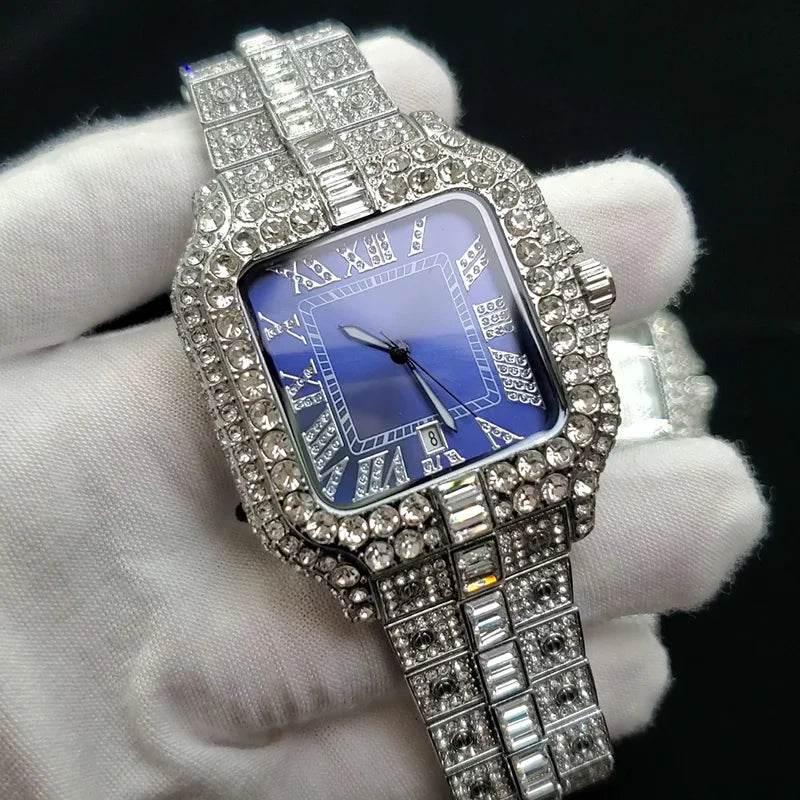 Luxury Diamond Watch Men Hip Hop Bling Iced Out Quartz Watches Fashion Blue Dial Silver Shiny Party Jewelry Relojes Dropshipping - Empire P.E
