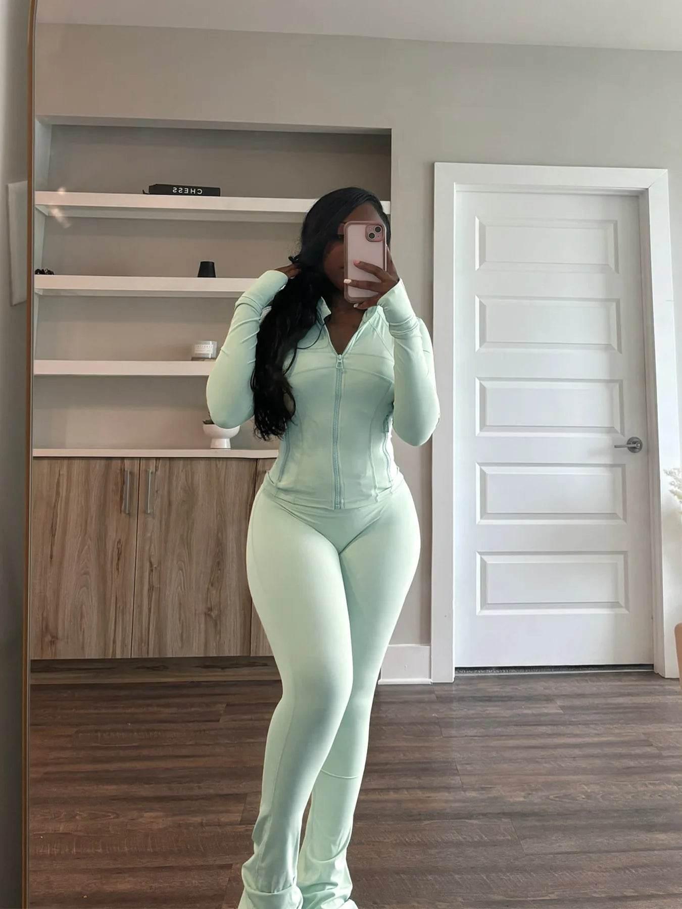 Women 2 Two Piece Outfits Casual Sports Workout Sets Bodycon Tracksuit Long Sleeve Zip Up Jacket Jogger Matching Sweat Pants Set - Empire P.E