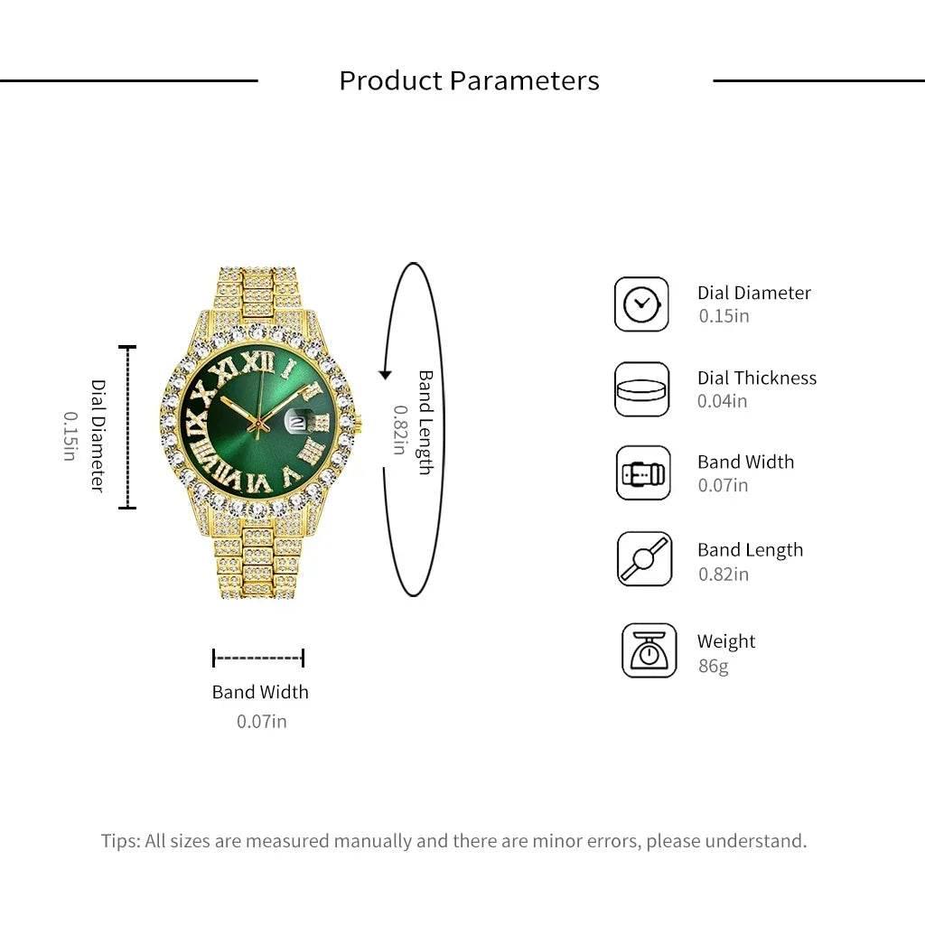 Watch Bracelet Set Hip Hop Stainless Steel Gold Color Calendar Watch for Men Iced Out Paved Rhinestones Men Watch Reloj Hombre - Empire P.E