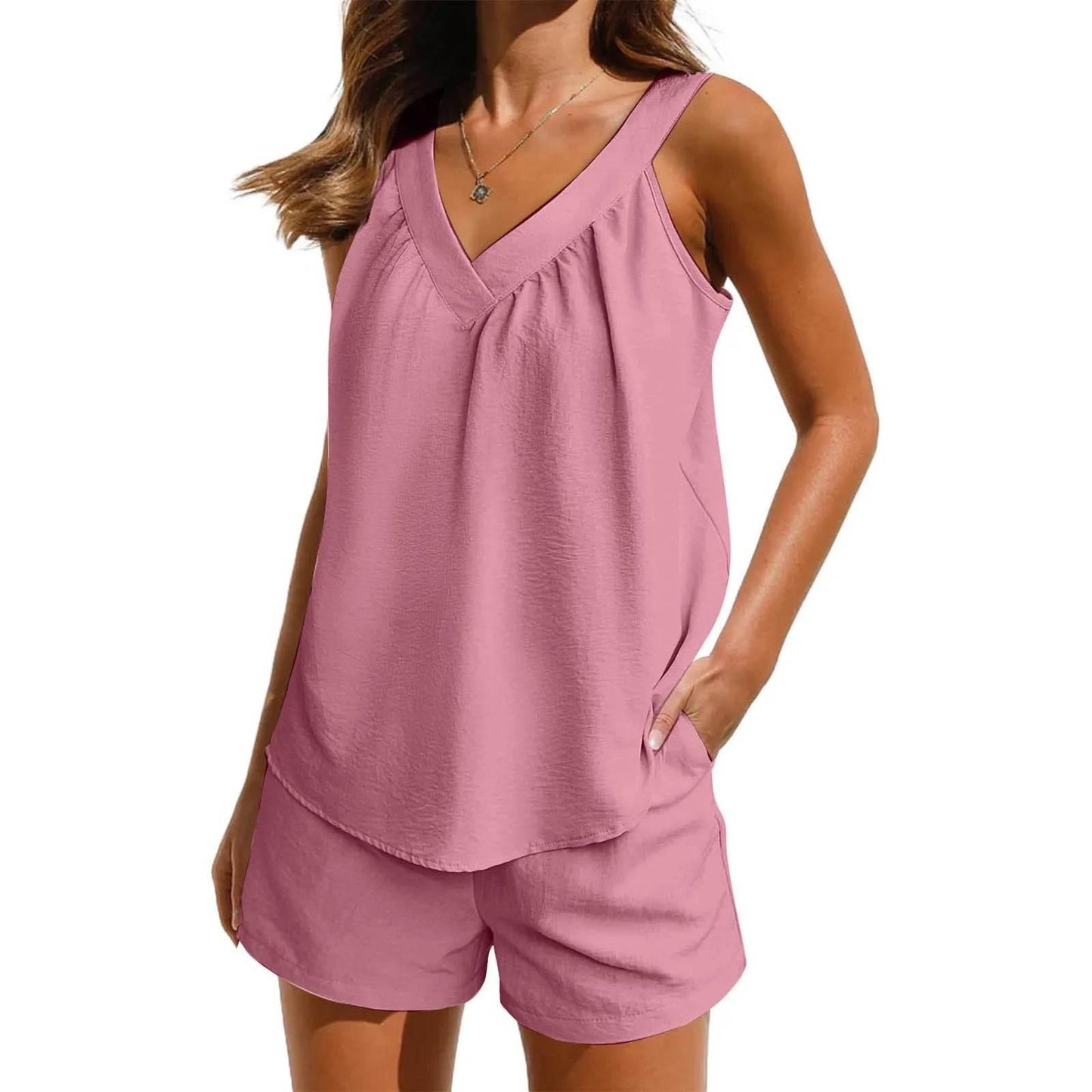 Women'S Summer Casual Suit New Urban Casual Women'S Solid Color Sleeveless Vest Elastic Shorts Home Clothes Two-Piece Set - Empire P.E