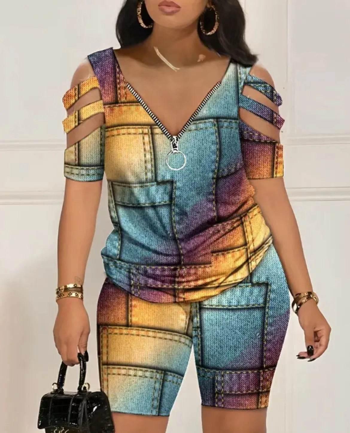 2024 Fashion Sexy Out T Shirt And Shorts 2 Piece Sets Women Outfit Summer Casual Loose Print T Shirts Two Piece Set For Women - Empire P.E