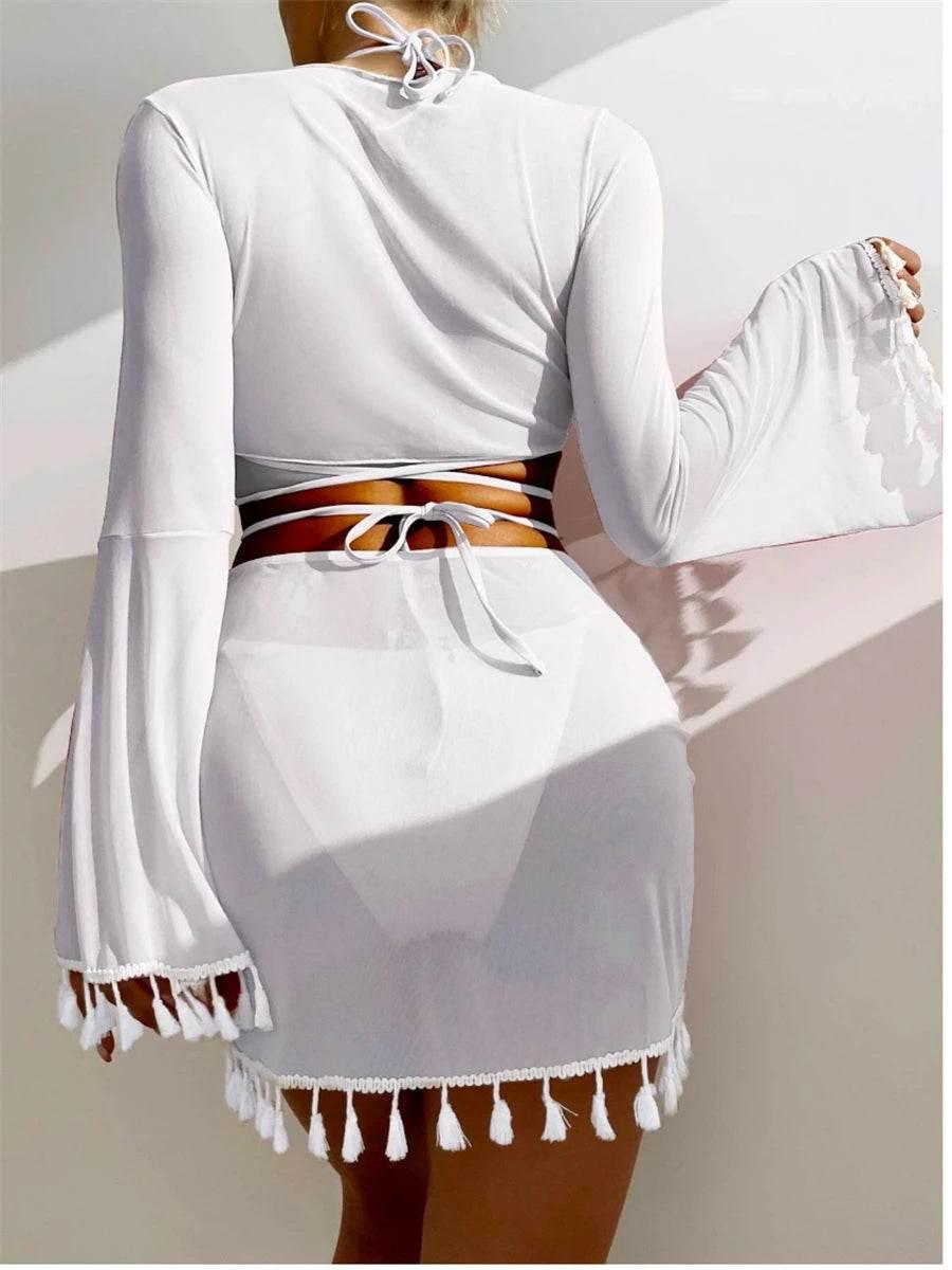 Sexy 4 Pieces Halter Bikinis Women Solid Swimwear Female Cover Up Swimsuit Long Sleeve And Skirt Bathing Suit Beachwear Summer - Empire P.E
