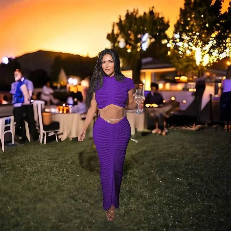 Sexy Knitted Striped 2 Piece Sets Women Outfit Y2K Clothes Birthday Sheer Crop Top and Long Skirt Set Elegant Night Club Outfits - Empire P.E