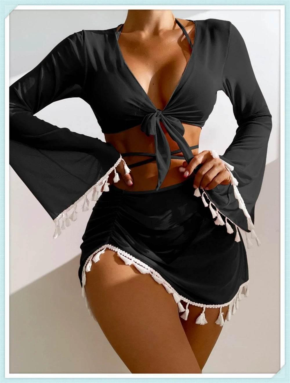 Sexy 4 Pieces Halter Bikinis Women Solid Swimwear Female Cover Up Swimsuit Long Sleeve And Skirt Bathing Suit Beachwear Summer - Empire P.E