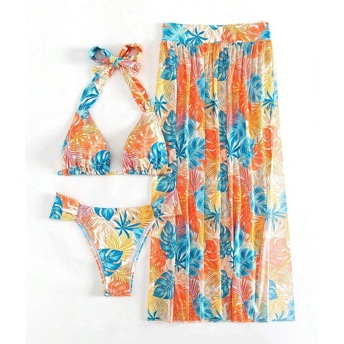 Summer Women Swimwear Leaf Print Tie Up Halter Bathing Suit Tops Shorts Split Beach Cover Up Skirt Female 3pcs Swimsuit Set - Empire P.E