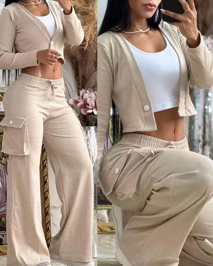 Spring Autumn Solid Slim Suit Women Long Sleeve Single Button V-neck Short Coat Drawstring Mid Waist Pocket Wide-Leg Pants Suit - Empire P.E