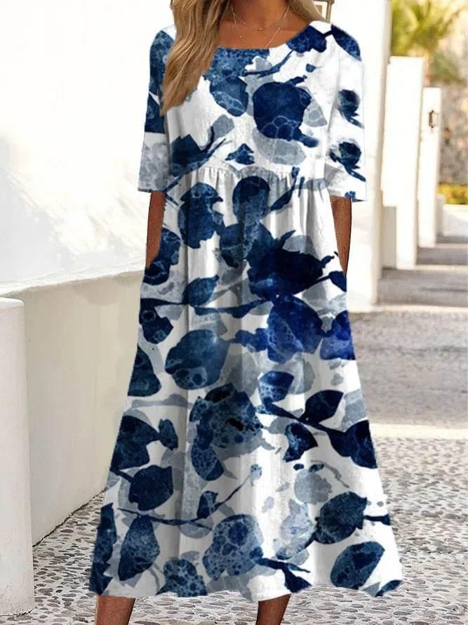 2024 women's fashion loose floral print round neck short sleeve pocket dress - Empire P.E