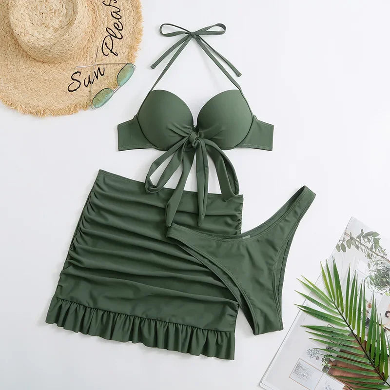 Cikini-Solid Bikini Set 3 Piece Bathing Suit