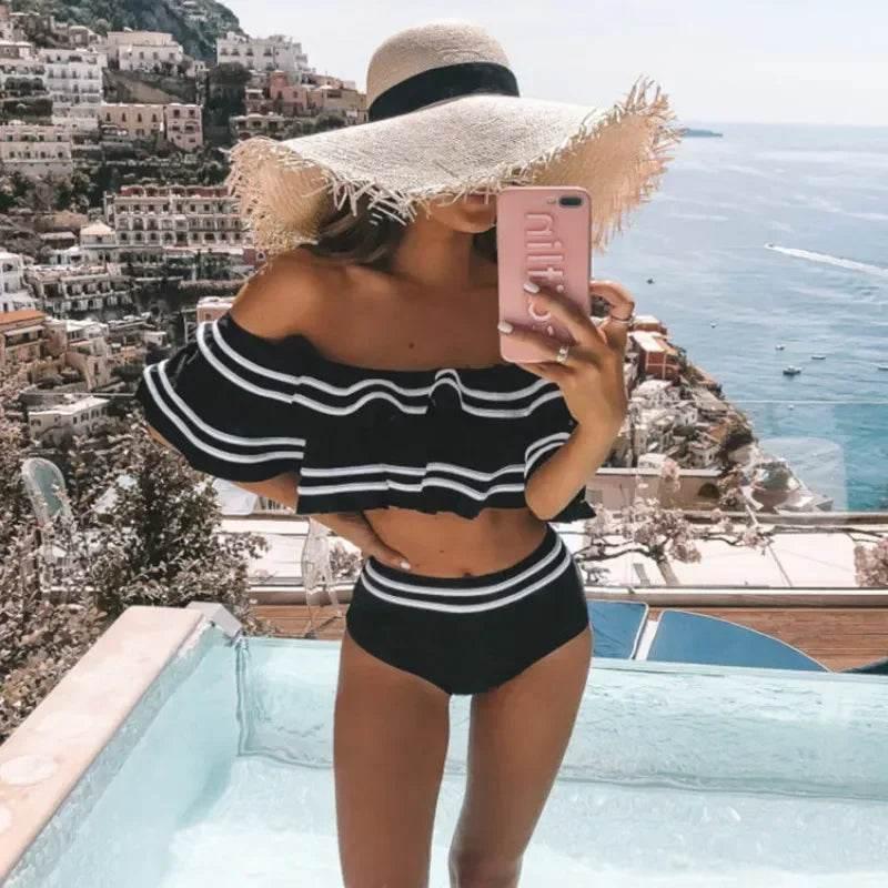 Black striped women bikini set two pieces sexy off shoulder ruffles high waist bathing suits summer beach swimsuits - Empire P.E