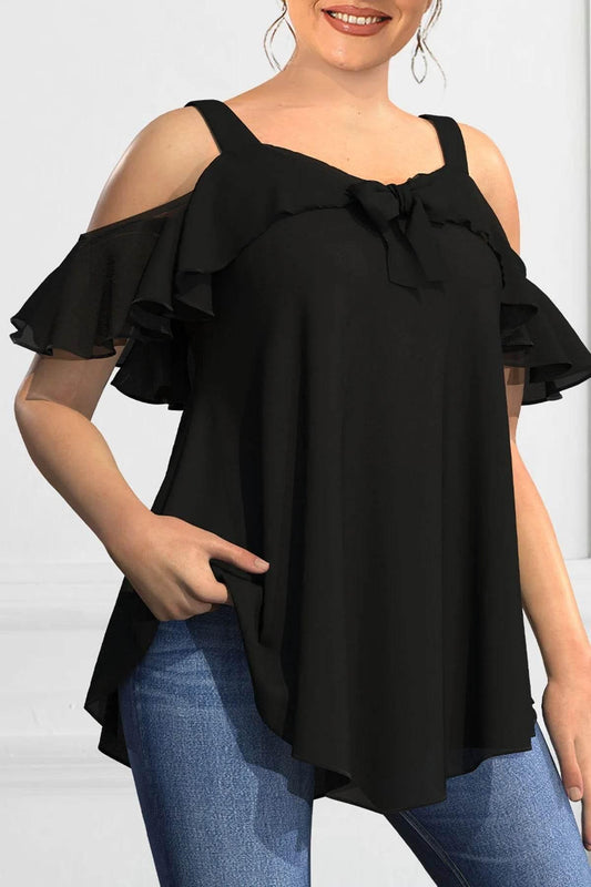 Plus Size Blouse for Women Elegant Cold Shoulder Shirt Ruffles Tops Tee Loose Fit Solid Color Top Blusas Para Mujer 0XL-5XL - Empire P.E