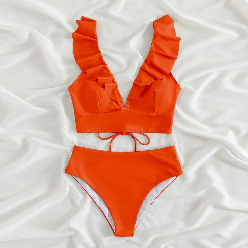Riseado High Waist Bikinis Set Ruffle Shoulder Sexy Plunging Swimwear Women Bathing Suit Summer Beachwear - Empire P.E