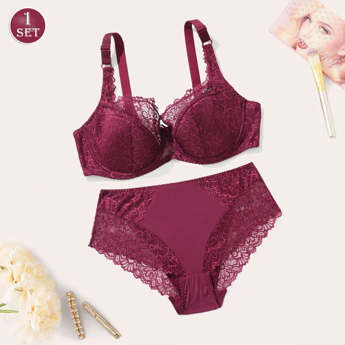 Women Plain Lace Bra and Panty Thin Underwire Lingerie Set Plus Size - Empire P.E
