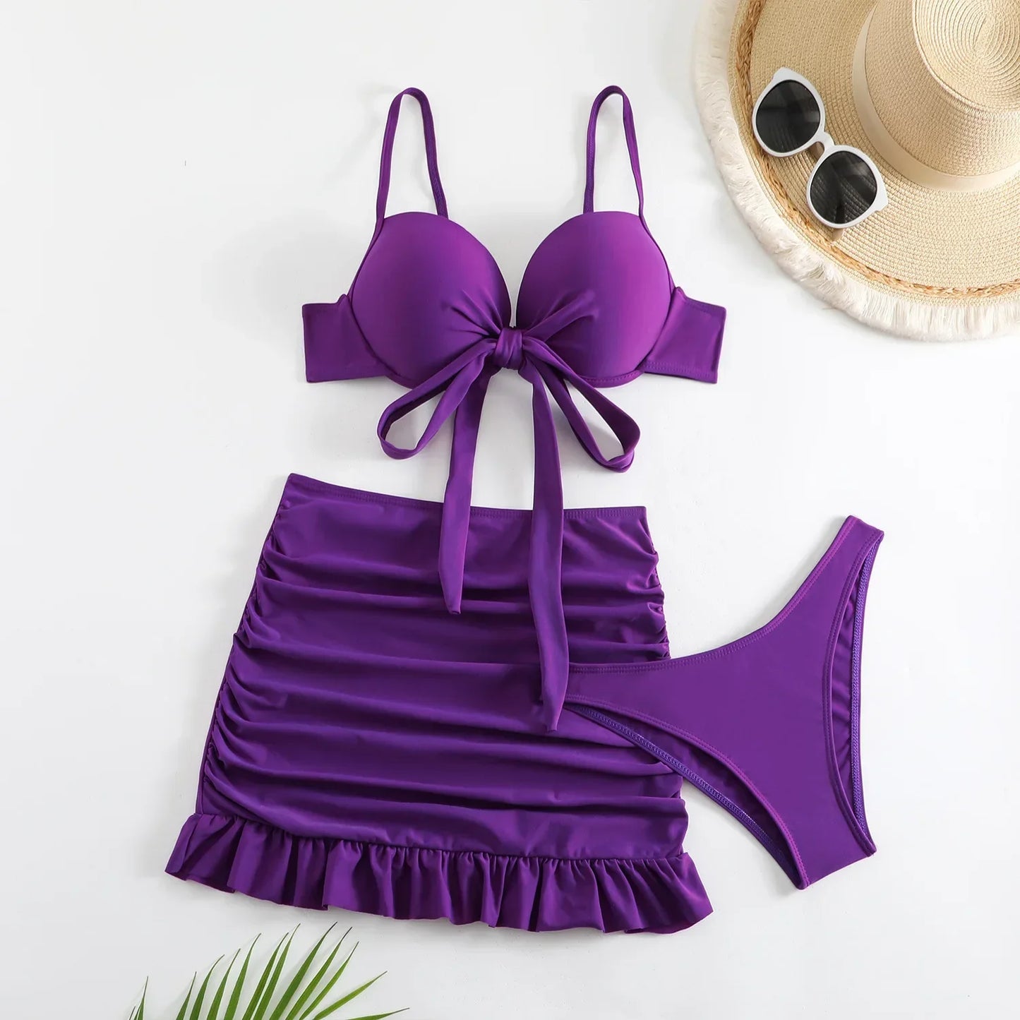 Cikini-Solid Bikini Set 3 Piece Bathing Suit