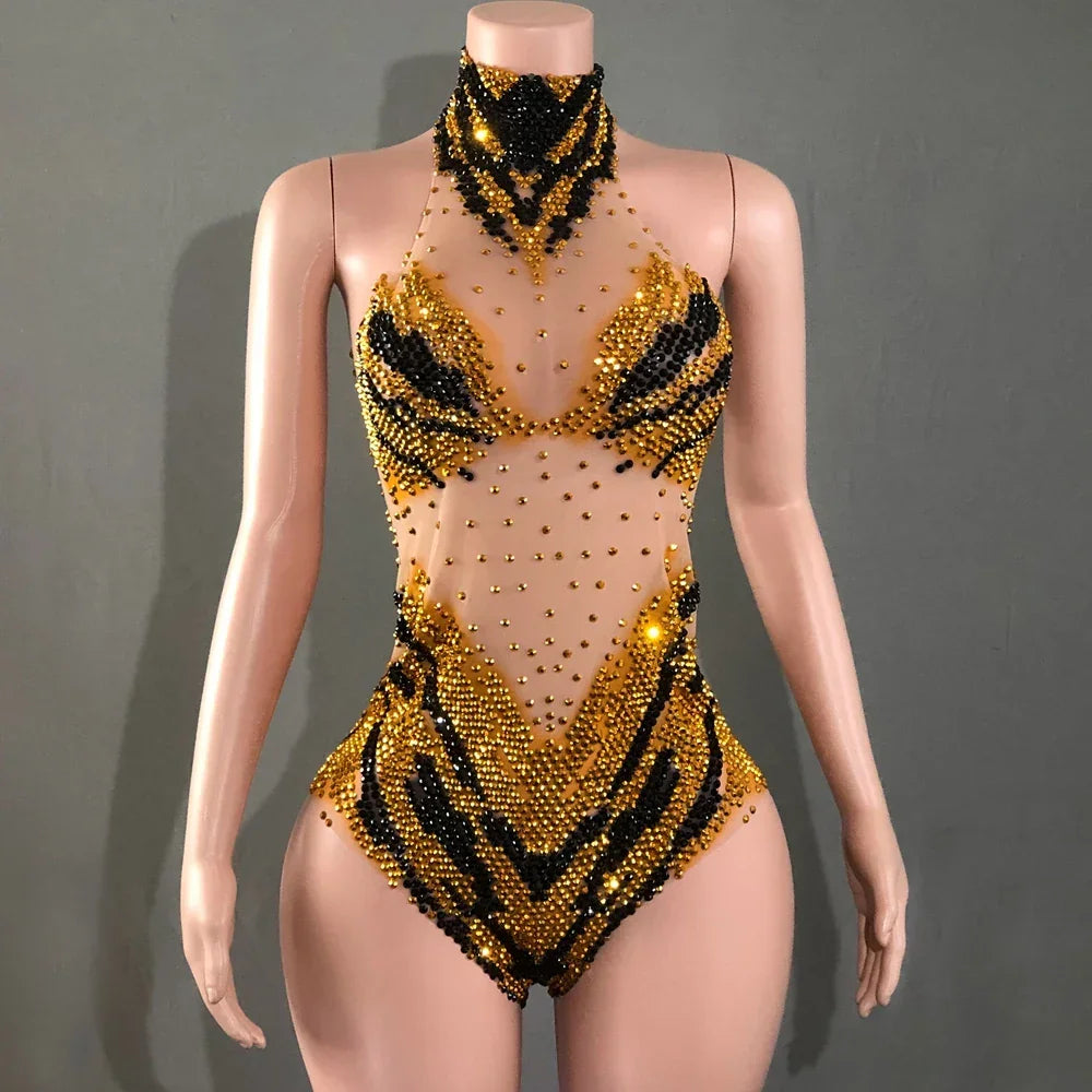 Sparkly Rhinestones Bodysuit for Women Sexy Mesh Costume - Empire P.E