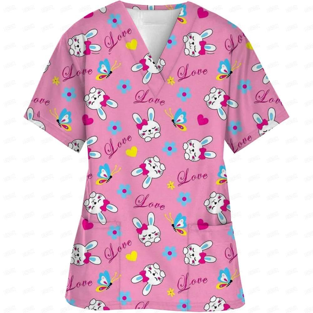 Women Easter Day Nurse Uniform Cartoon Print Short Sleeve V Neck - Empire P.E