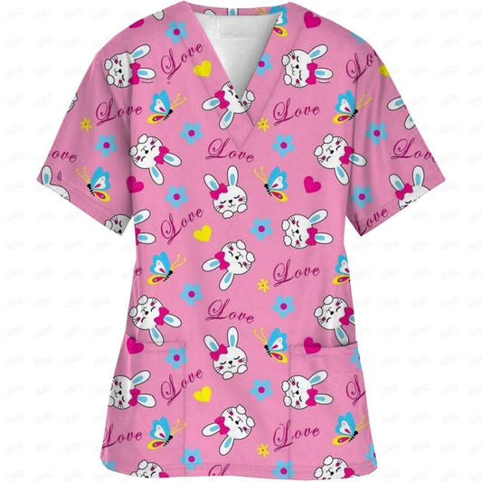 Women Easter Day Nurse Uniform Cartoon Print Short Sleeve V Neck - Empire P.E