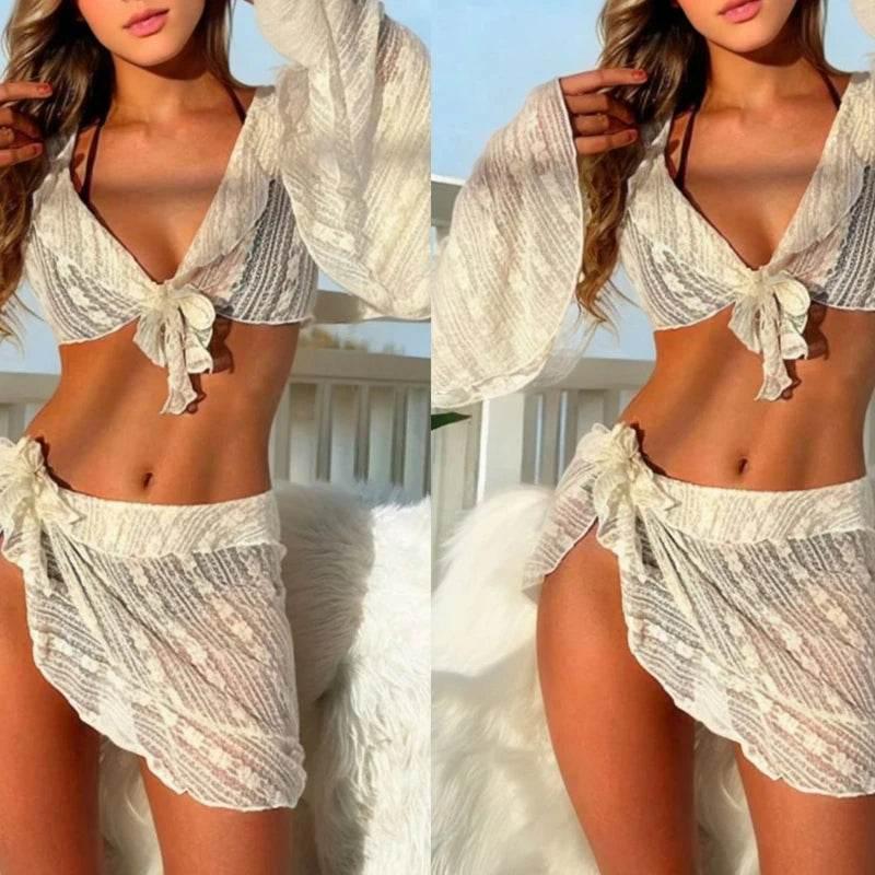 Sexy V Neck Crop Tops Match Irregular Short Skirt Beachwear Summer New Bikini 4pc Set - Empire P.E