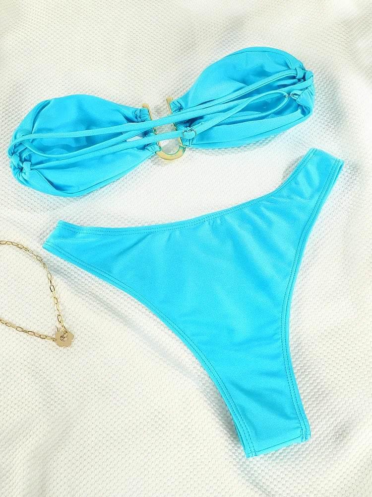 Solid Swimsuit Women Bathing Suit Bandeau Bikini 2024 Biquinis Feminino Swimwear High Waist Bikini Set Beachwear Sexy Bikinis - Empire P.E