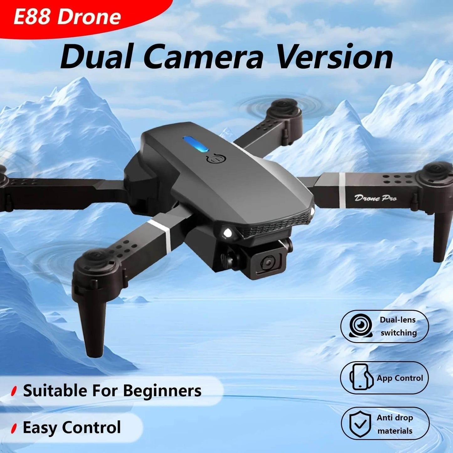 E88 Drone with Dual 4K HD Cameras, Wi-Fi, USB Charging, 1181.1inch Max Altitude, 3m/s Speed, One-Click Return, No GPS,4k drone - Empire P.E